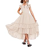 HOSIKA Girls Lace Boho Flower Girl Dress Ruffle Sleeve A-Line Formal Dresses for Wedding Party 6-12 Years
