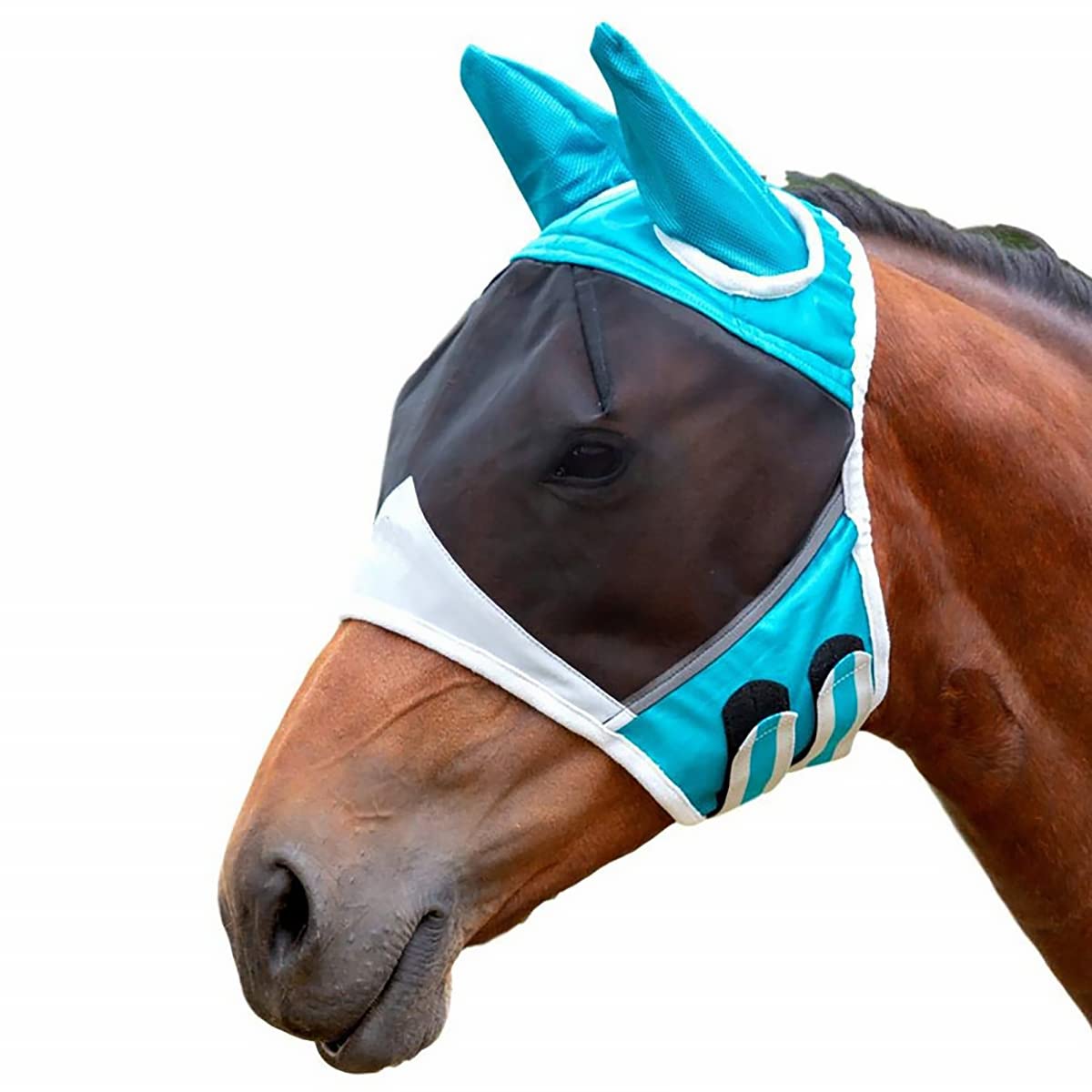 TopHomer Fine Mesh Fly Mask With Ears Breathable Horse Mask Anti Mosquito for Horse Blue&White M