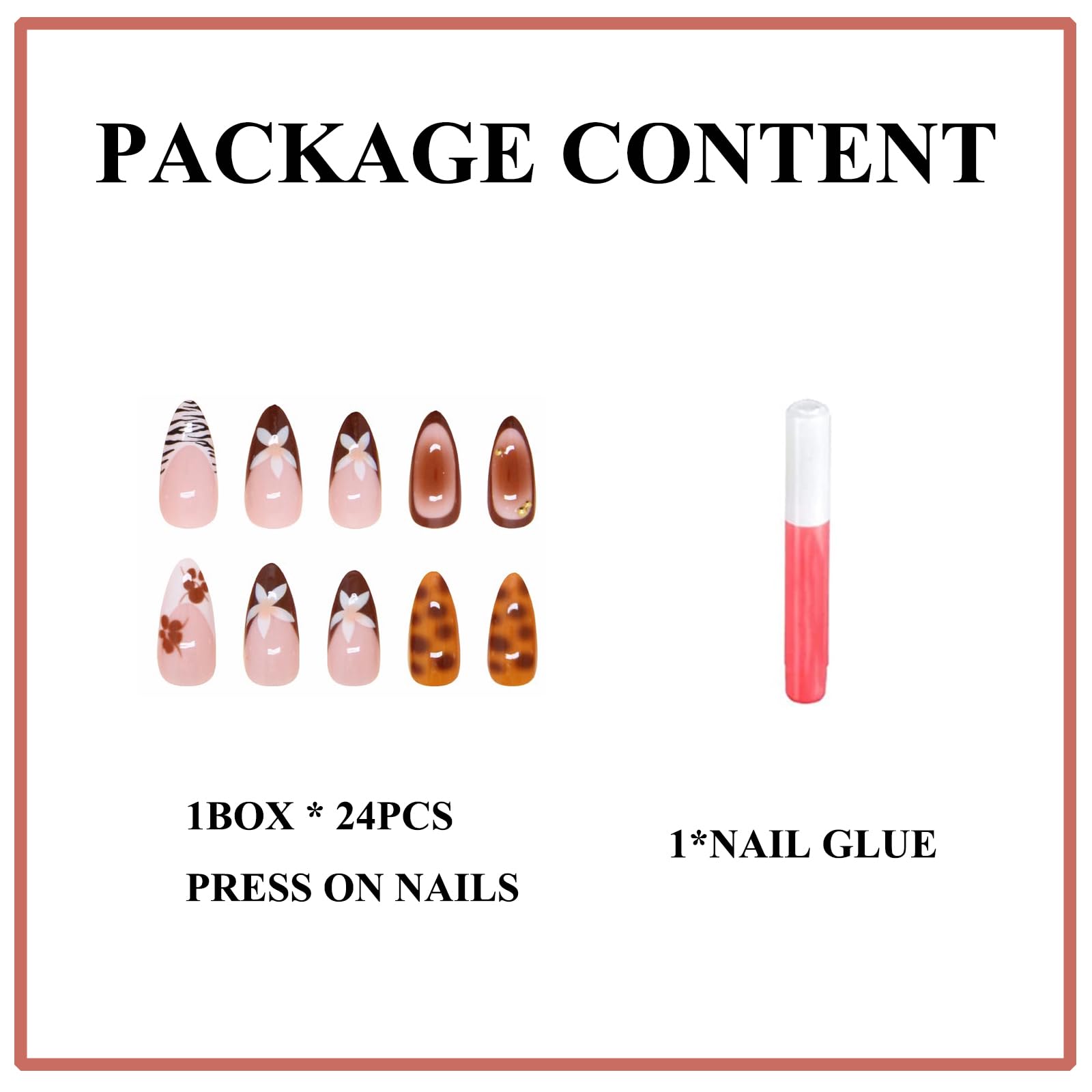 MERVF Almond Press on Nails Long Fall Fake Nails Brown French Tip Glue on Nails Flower Stiletto Acrylic False Nails Aura Press ons with Zebra Print Design Glossy 24pcs - Image 5