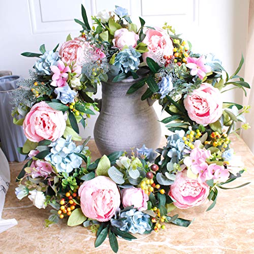 SKOLOO Peony Flower Wreaths for Front Door, Large Blooming Peonies Hydrangea Wreath with Berry Greenery, Artificial Spring Garland Wreath for Home Wall Decor