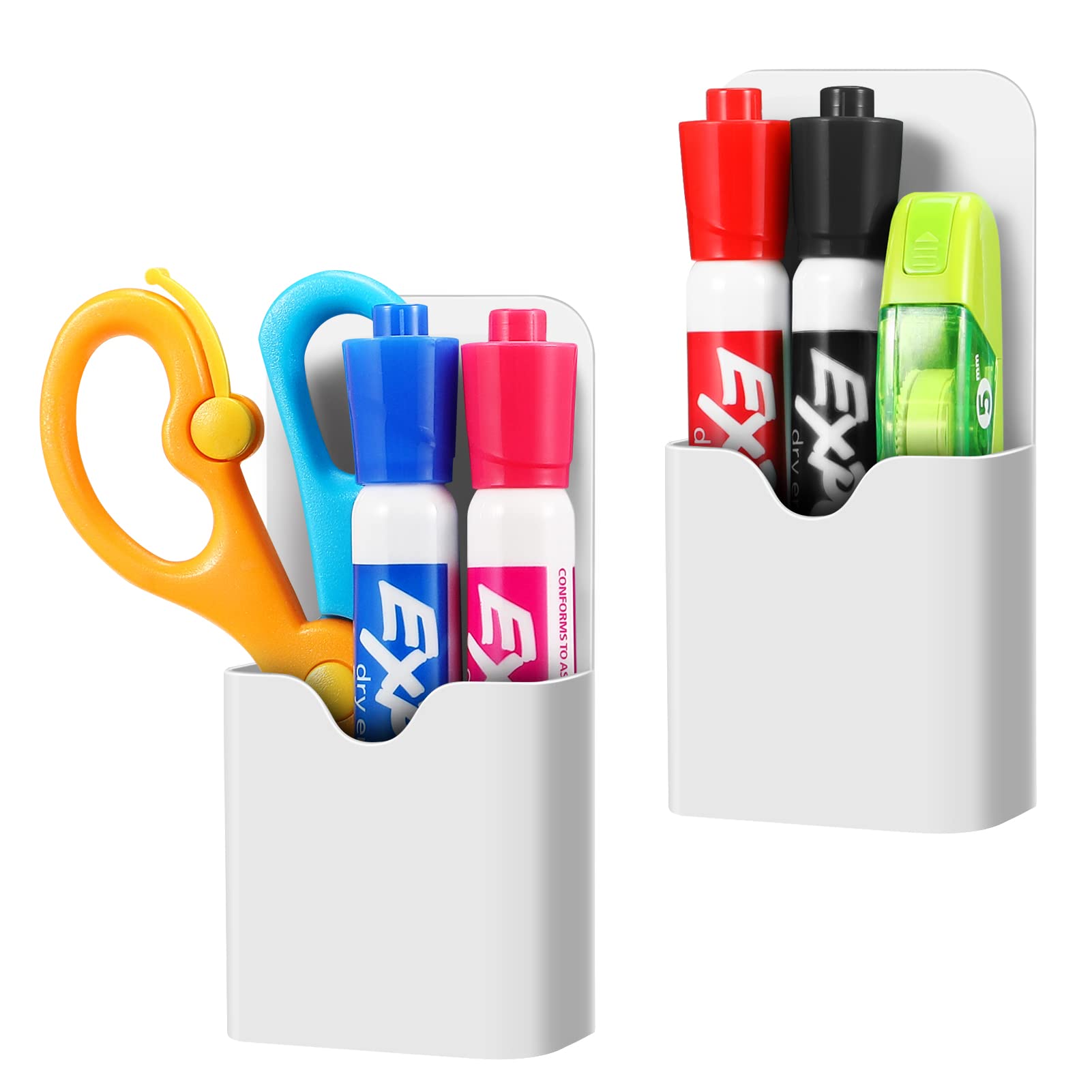 CaseBot Magnetic Marker Holder, Pen Holder for Whiteboard or Fridge, Magnet Pencil Cup Storage Organizer for School, Office, Home, Locker and Metal Cabinets, 2 Pack (White)