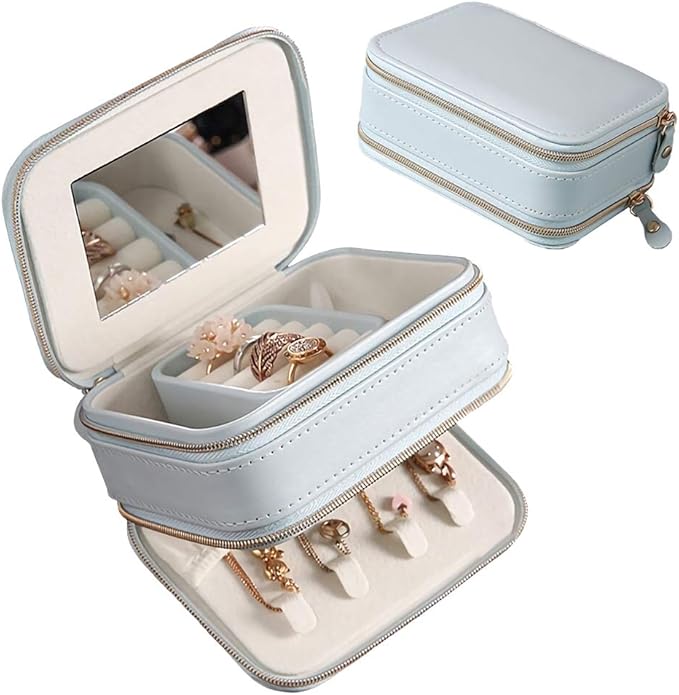 Amazon｜ジュエリーボックス 携帯用 鏡付 ジェエリー収納ケース 二段 アクセサリーボックス レディース 仕切り レディース小物入れ