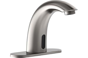 PRIMSOPH Automatic Motion Sensor Hands Free Electronic Infrared Smart Commercial Touchless Bathroom Sink Faucet with Cover Plate Temperature Mixer Battery or Plug-in Powered Brushed Nickel