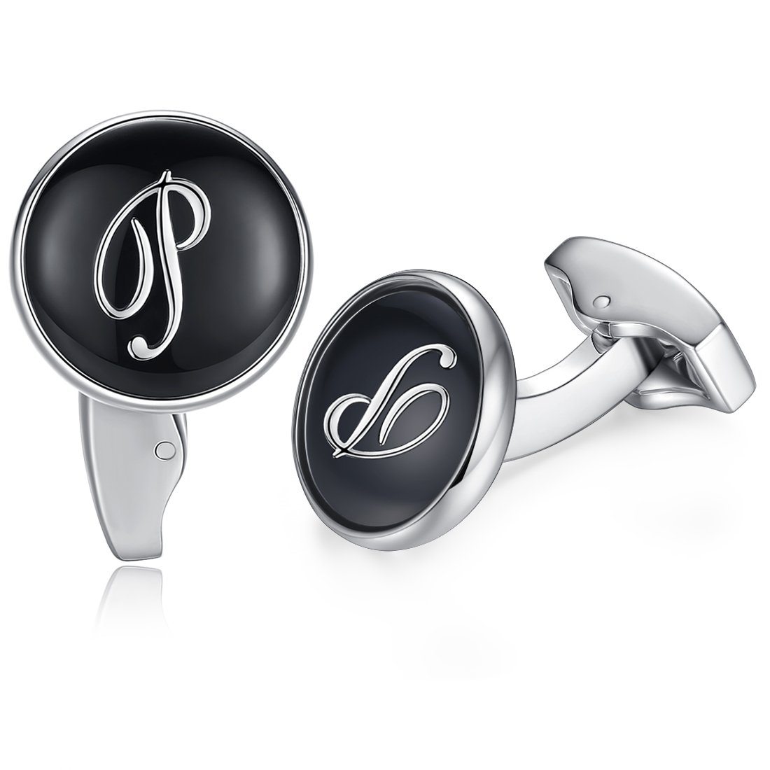 HONEY BEAR Initial Alphabet Letter Cufflinks for Men, Black Round Shape Wedding Business Gift A - Z (P)