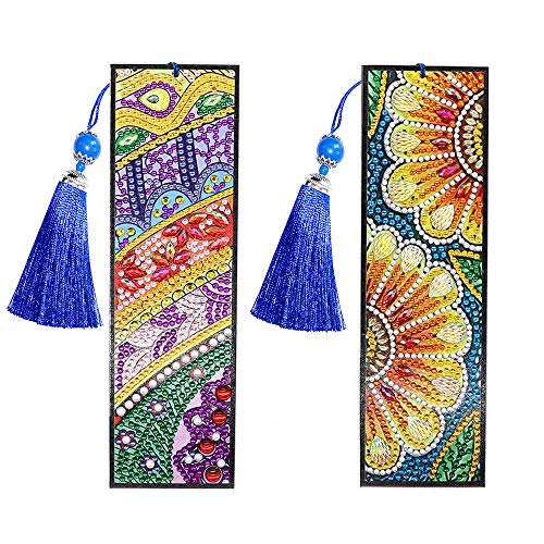 Fundaful 2pcs Diamond Painting Bookmark 5D DIY Special Shape Diamonds Shiny Rhinestone Art Kits for Adults Kids Mosaic Leather Tassel Corss Stitch Embroidery Handmade Gift Sun Flowers Landscape