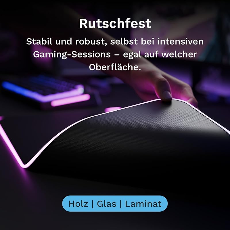 Gaming Musmatta GMP 2 GLED Large Extended – 2-Zones RGB-belysning, InfiniGlow sömlös Kant, Premium tygyta, Halkfri gummibas – 915 mm×280 mm×3 mm – extra stor skrivbordsmatta