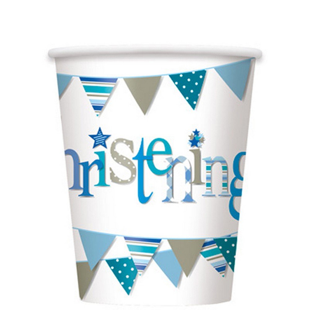 Blue Bunting Christening Paper Cups (9oz) Pack of 8 - Durable & Festive Design, Perfect for Celebrations