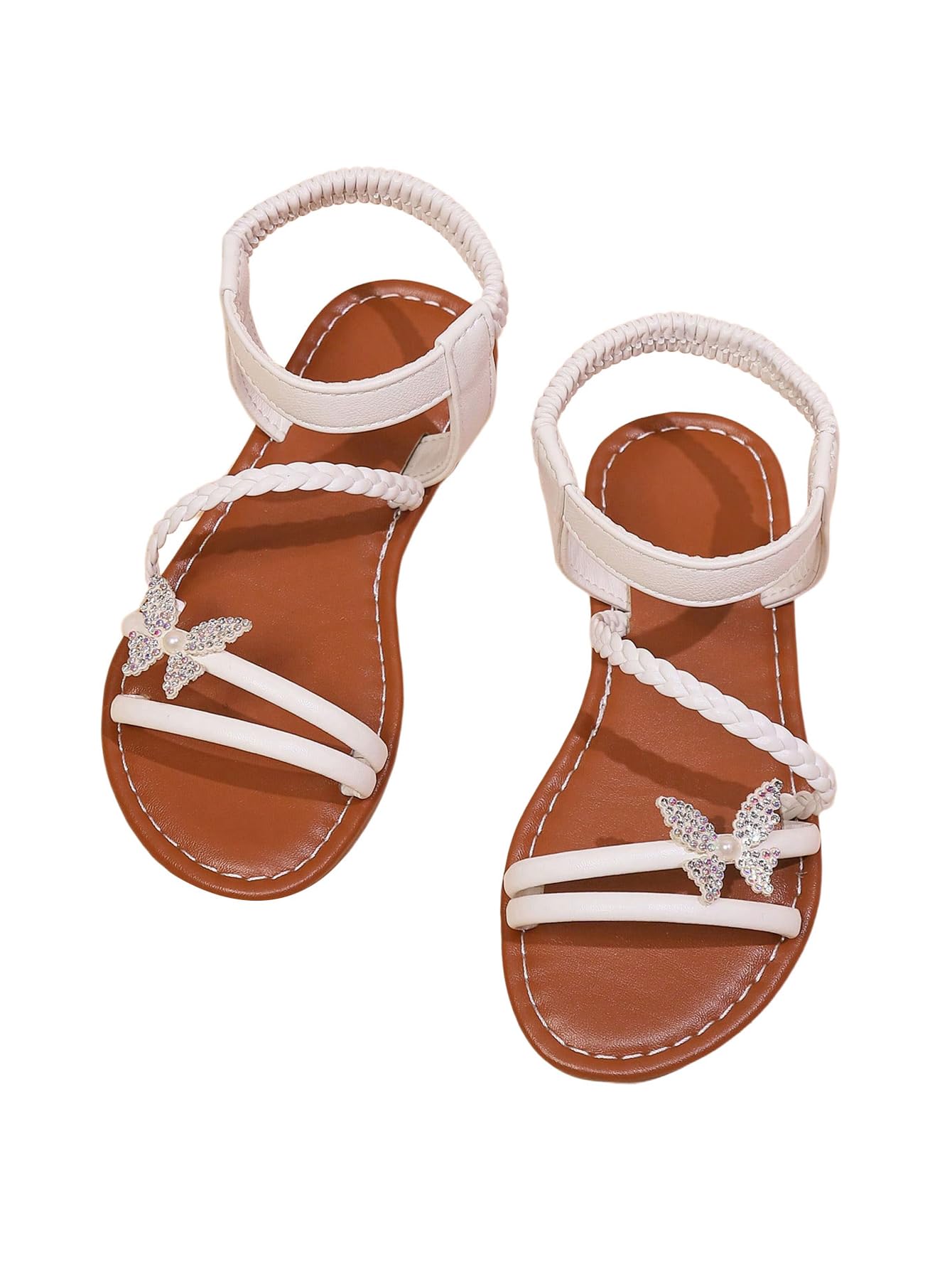 Photo 1 of GORGLITTER Girl's Sandals Dressy Leather Butterfly Braided Rhinestone Glitter Summer Beach Ankle Strap Flat Sandals Beige 5.5
