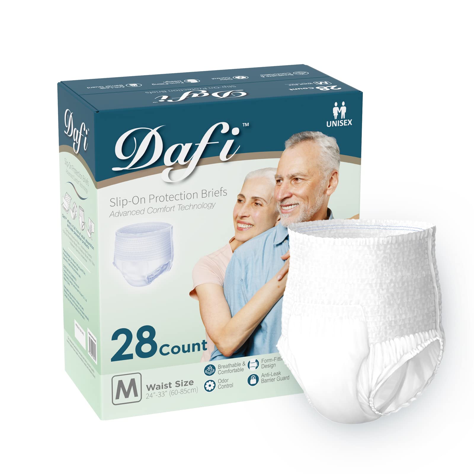 Photo 1 of DAFI Adult Incontinence Underwear for Women & Men, M/28 Count Overnight Bladder Control Underwear Disposable Pull Ups, Slip-On Protection Briefs, Maximum Coverage & Absorbency