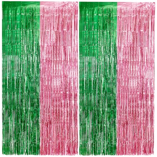 Vagilelf 2 Pack Pink and Green Party Decorations Tinsel Foil Fringe Backdrop 3.3’x6.6’, Wicked Party & Halloween Streamer, Durable Metallic Tassel Create Photo Booth & Entrance