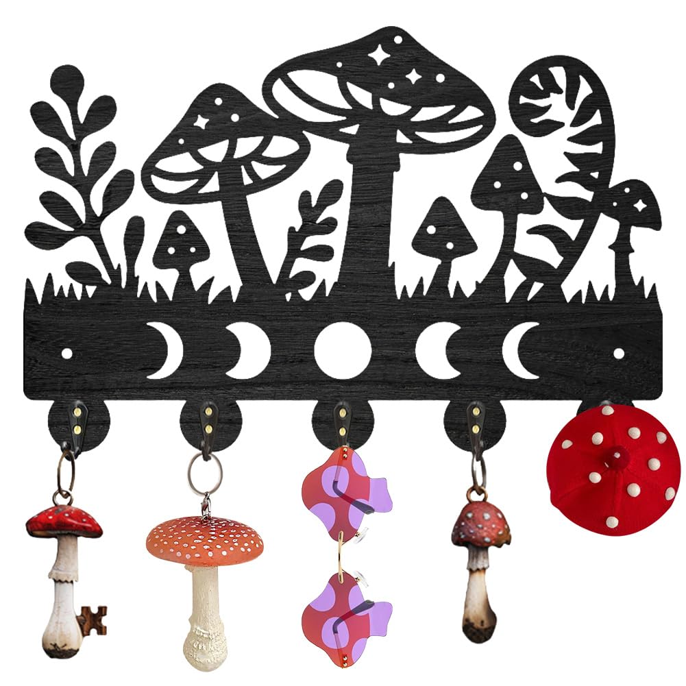 MAYJOYDIY Mushroom Moon Phases Coat Hooks Wall Mounted Wood Key Holder for Wall 30×20cm Nature Moon Star Grass Key Hanger 5 Alloy Hooks Decoratice Key Hook for Gift Living Room Kitchen Office