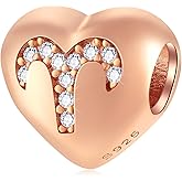 GLOWDAS Rose Gold Zodiac Sign with Clear CZ Heart Charms in 925 Sterling Silver, 12 Constellation/Horoscope Beads fits European Birday Bracelet/Necklace, Gifts for Family/Lovers/Friends