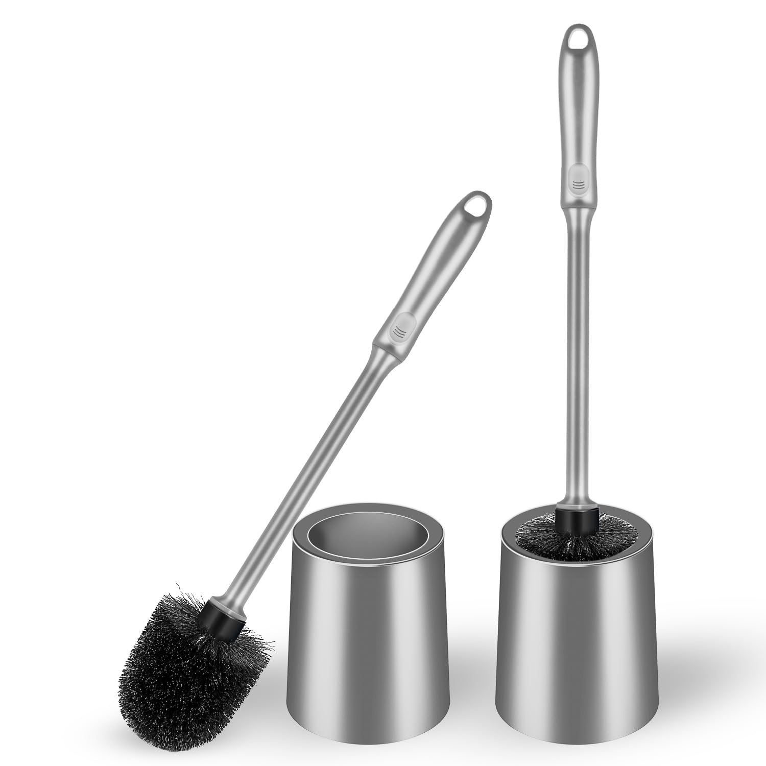 Toilet Brush and Holder 2 Pack with Long Handle - Non-Slip Grip Toilet Bowl Brush Set for Deep Cleaning Bathroom, Toilet Scrubber- Gray