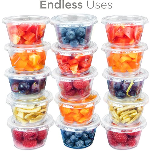 100-pack of Disposable Clear Plastic Condiment Storage Cups with Lids - Choose 2 oz. or 4 oz. - For Restaurant, Home, Gelatin Shots by Back of House Ltd. (2 oz.)