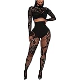 Dewinya Women's Sexy Fishnet Seamless 2 Piece Outfits Mock Neck Long Sleeve Crop Top Legging Set Club Lingerie Sets
