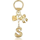 ANHBKAR Gold Bubble Letter Keychain with Heart and Bow, Round Clasp Initial Bag Charm, Personalized Gift for Women Girls