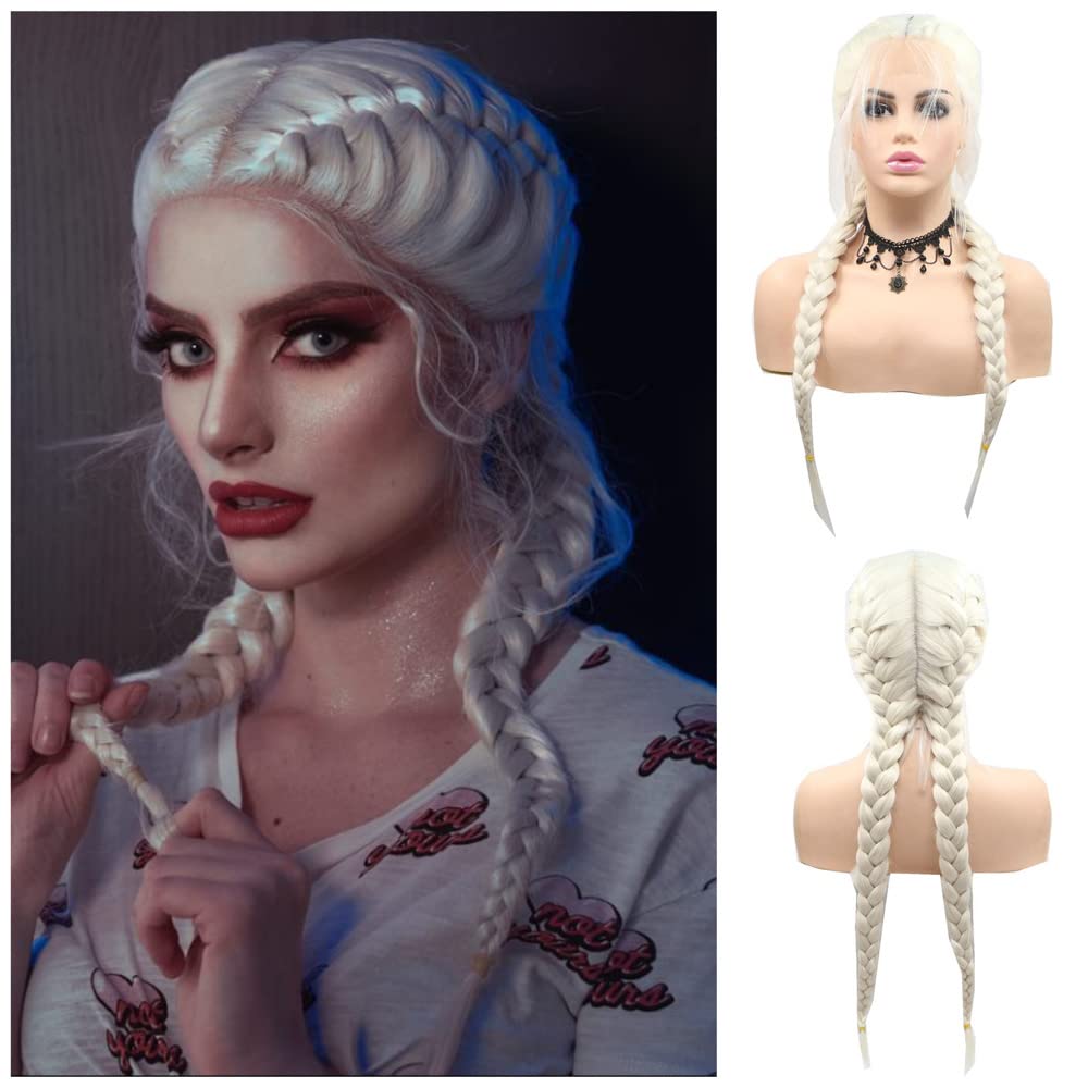 RainaHair Platinum Blonde Double Braids Wig Synthetic Lace Front Wig with Baby Hair 2x Twist Braided Wigs Heat Resistant Middle Part Hair for Women Daily Wear Wig 24inches