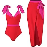 IDOPIP Women's One Piece Swimsuit with Beach Cover up Wrap Skirt Sarong Retro Floral Print Bikini Set Two Piece Bathing Suits