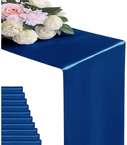 12 Pcs Satin Table Runners - Royal Blue & Gold Long Runners For Wedding Party Banquet Decor