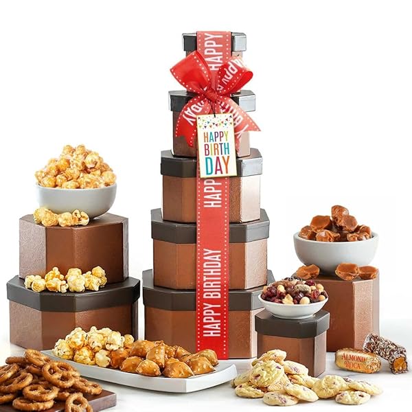 BIRTHDAY GIFT BASKET TOWER FOR WOMEN, HIM, GOURMET...