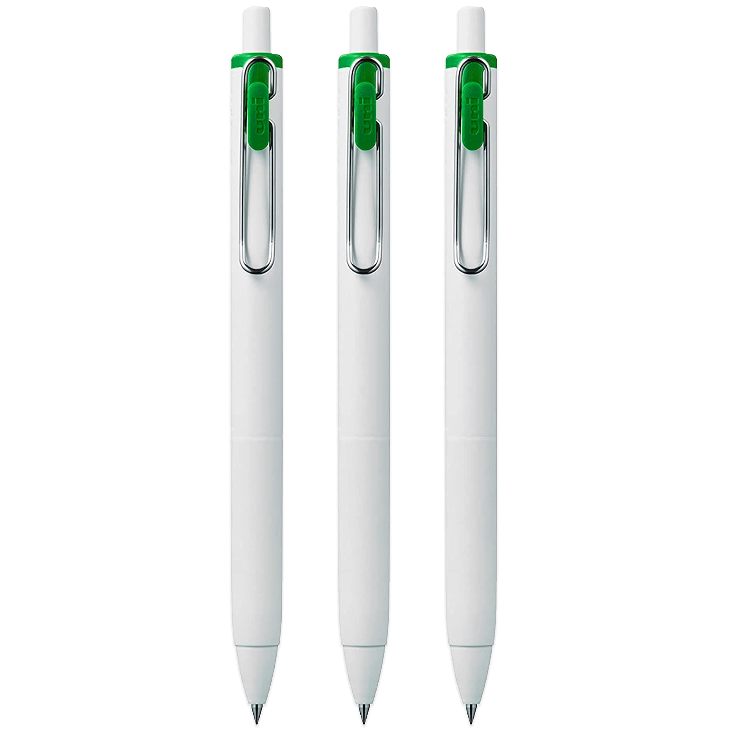 uni-ball UMN-S-05 Retractable Gel Ink Rollerball Pens - 0.5mm Tip Nib - White Barrel - Green Ink - Pack of 3