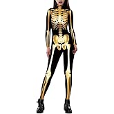 Fixmatti Women Halloween Party Costume Skull Print Long Sleeve Jumpsuit Outfit