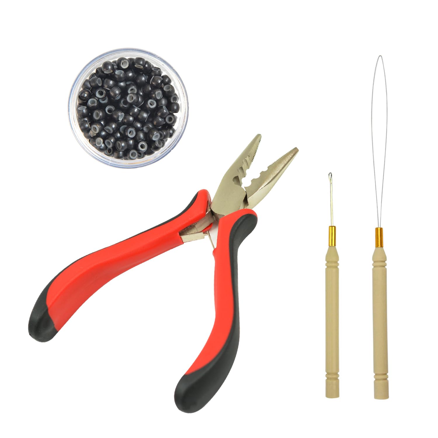 Hair Extensions Pliers Tool Kit 3-Hole Hair Pliers Pulling Hook Bead Device and 200 pcs Silicone Lined Micro Rings (3mm Black)