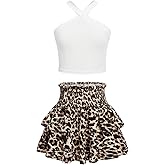 MakeMeChic Girl's 2 Piece Outfits Crop Top and Floral Print Shirred Ruffle Tiered Mini Skirt Set