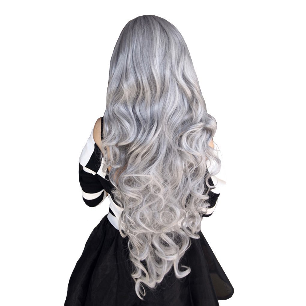 Fouriding 80cm/32" Women's Lolita/Harajuku Style Full Long Heat-Resistant Curly Wavy Wig Ladies Synthetic Halloween Cosplay Anime Costume party Fancy Dress Hair Wigs Hairpiece for Women Lady,Silver