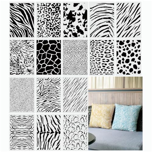Texture Leopard Stencils for Painting on Wood Crafts Reusable Geometric Mixed Media Stencil Art Paint Canvas Cow Tiger Zebra Print Layering Stencils for Card Making Fabric Shirt (16 Animal Print)