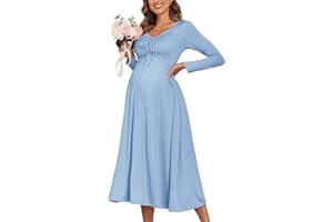 AISWI 2024 Maternity Tie Front Ruched Nursing Dress A Line Long Sleeve V Neck Swing Pregnancy Maxi Dresses