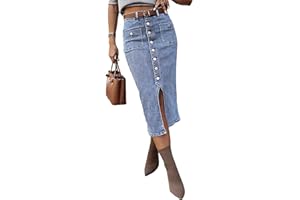 Flamingals Denim Skirt for Women Midi Skirts High Waist Vintage Button Front Stretch Long Jean Skirt Fall Fashion