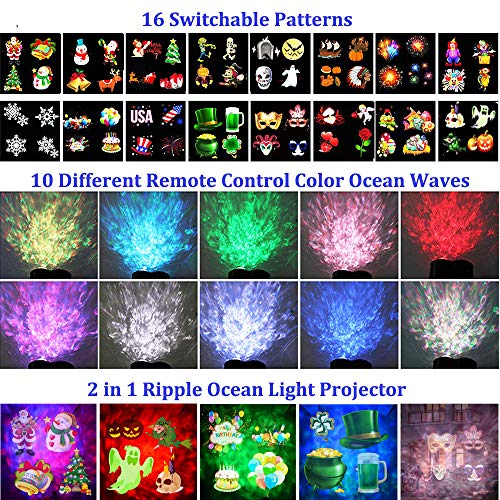 LED Christmas Projector Lights, Yokgrass 2-in-1 Ocean Wave Projector Light with 16 Slides Patterns 10 Colors Waterproof Outdoor Indoor Holiday for Halloween Xmas Birthday Party Landscape Decorations