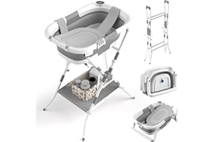 BALLA BALEIN Baby Bathtub with Stand, 2-in-1 Collapsible Bath Tubs for Newborn to Toddler, Infant Bathtub with Folding Stand, Portable Bathtub for Baby Including Soft Cushion, Storage Pad