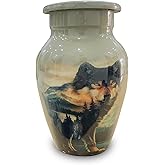 Classical.Gift.Export Decorative Small Aluminum Urn – Cream White with Wolf Printed 3 Inch Mini Keepsake Cremation Urn, 90 gm Memorial Urn for Human or Pet Ashes