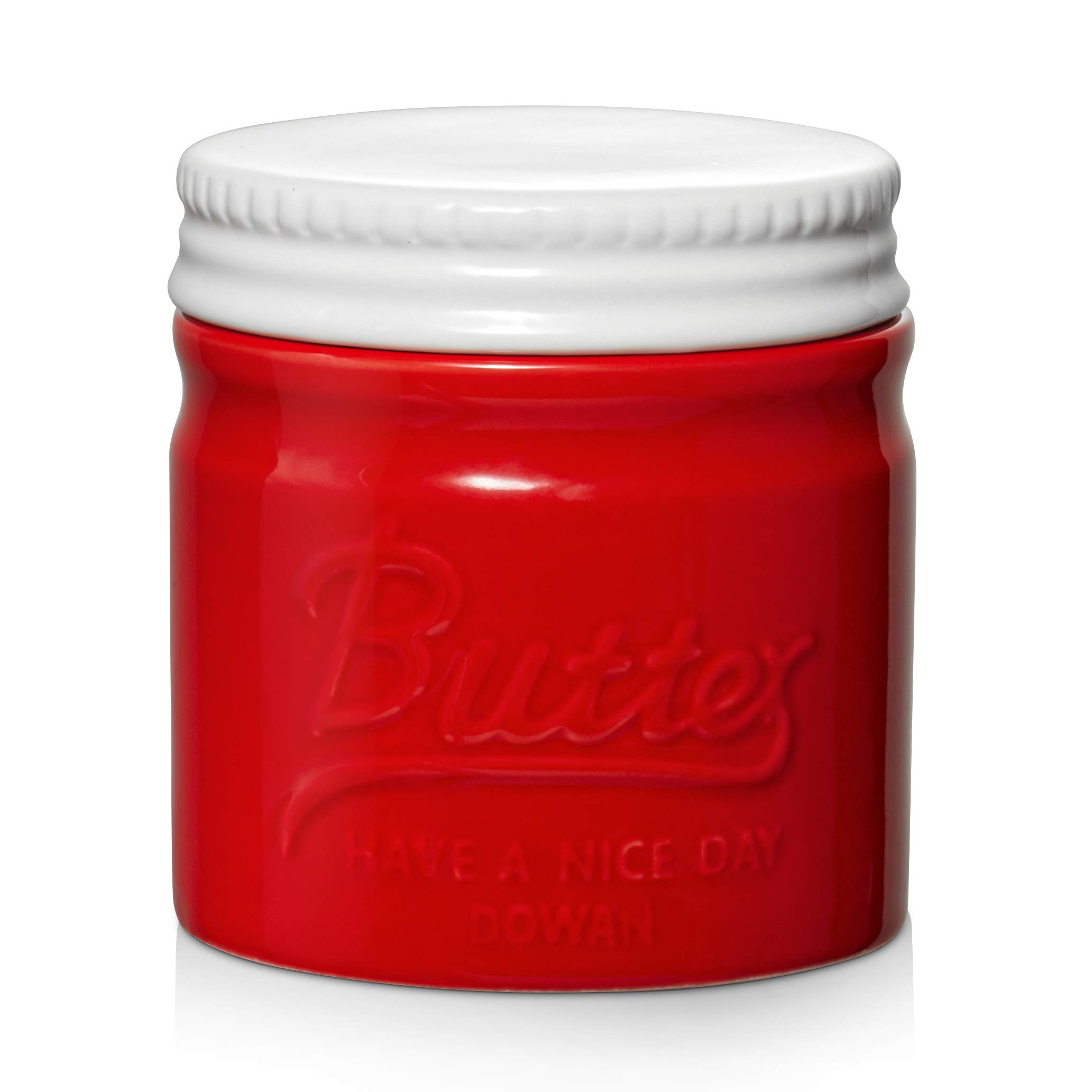 DOWAN Ceramic Butter Dish With Lid - Keeps Butter Fresh, Soft and Spreadable - French Keeper With Water Line - Red