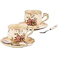 CHILDIKE European Porcelain Tea Cups and Saucers Set, Vintage Floral Tea Cups Set, Ivory Gold Trim Floral Coffee Cups Set 8 Ounce, Gift for Women (Red Rose Set of 2)