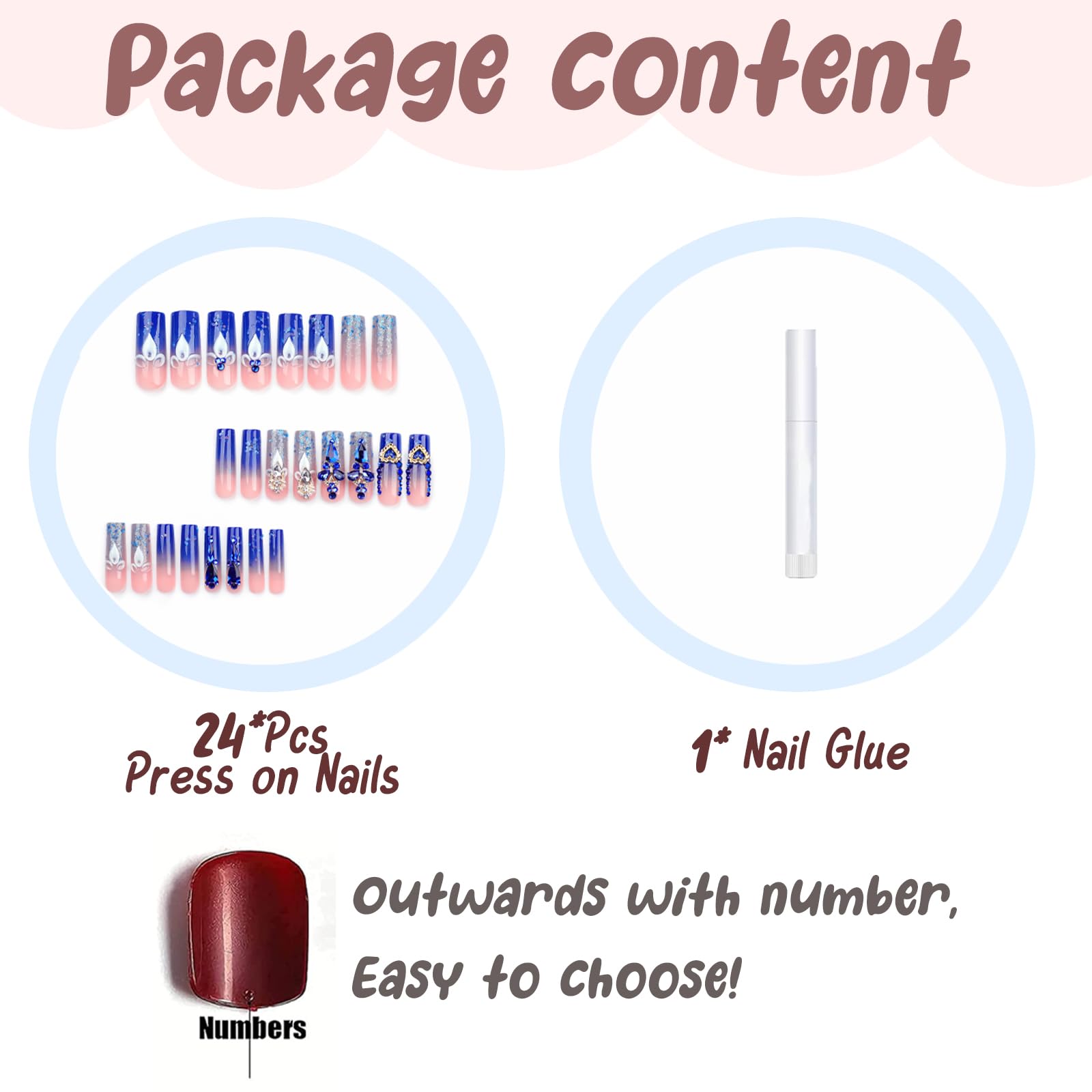 BABALAL Blue Press on Nails Long Square Fake Nails Luxury Glue on Nails 3d Butterfly Gold Heart Charm Design Acrylic Nails 24Pcs Bling Squoval Full Cover False Nails - Image 4