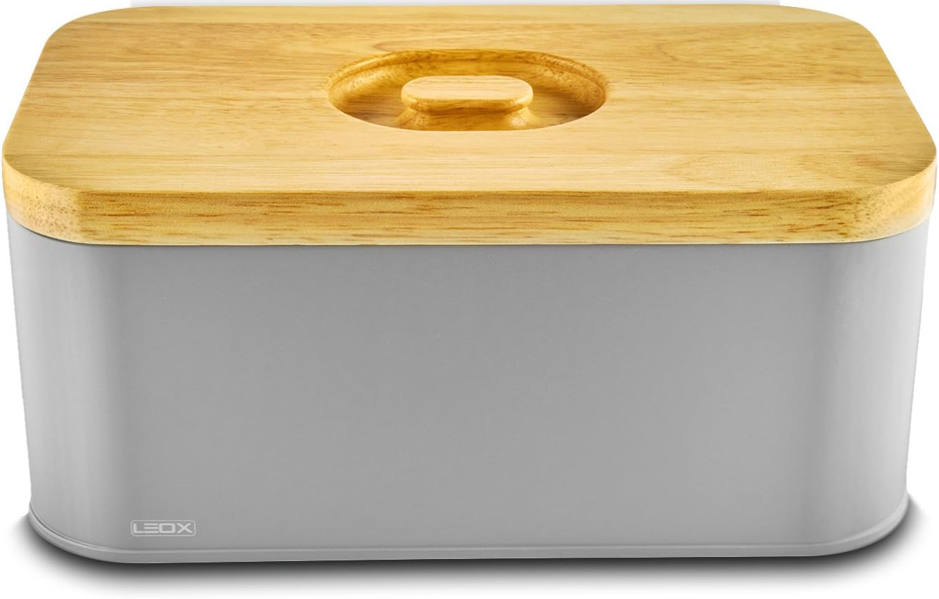LEOX Bread Bin Breadbox stainless steel with a wood Lid - Cutting Board (anthracite)