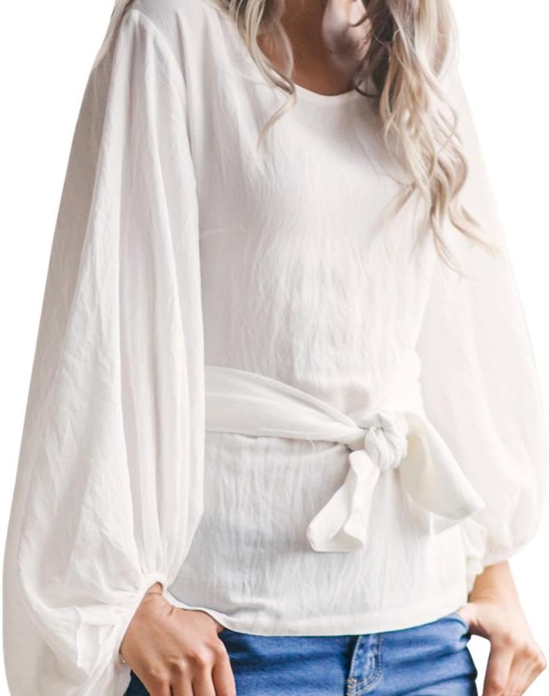 Keepwin Womens Puff Sleeve Tie Waist Blouse Retro Round Neck Solid Tunic Tops Shirts