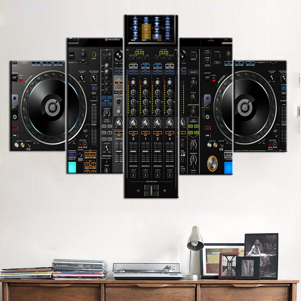 Music Decorations for Home DJ Pictures for Wall DJ Spinning Paintings for Living Room 5 Pcs/Multi Panel Canvas Art,Modern Artwork Frame Gallery-wrapped Ready to Hang Posters and Prints(60''Wx40''H)