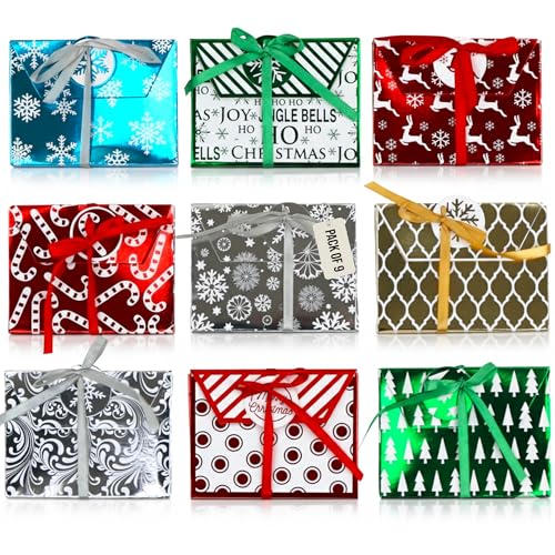 Iconikal 9-Pack Christmas Holiday Foil Embossed Gift Card Holder Boxes with Ribbons Cash Money Presents