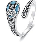 PEIMKO 925 Sterling Silver Turquoise Exquisite Oxidized Butterfly/Dragonfly/Bee Spoon Ring Boho Style Adjustable Rings Jewelry Gifts for Women Mother