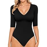 MANGOPOP Women's V Neck Half Sleeve Bodysuit 3/4 Sleeve Slim Fitted Body Suit Sexy Going Out Shirts Tops