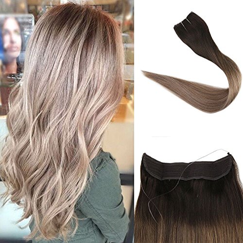 Full Shine 22inch Fish Line Hair Extension 100g Hairpiece Straight Fish Line Human Hair Mircale Wire Natural Straight Balayage Extensions Color #2 Fading to Color #6#18