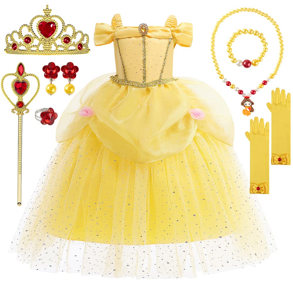 TOLOYE Princess Costumes for Girls, Belle Dress Up Girls with Crown Fairy Wand Necklace Sets, Long Skirt, Costume Kids Fancy Party Bridesmaid Cosplay Pageant, Yellow, 130 — image 1