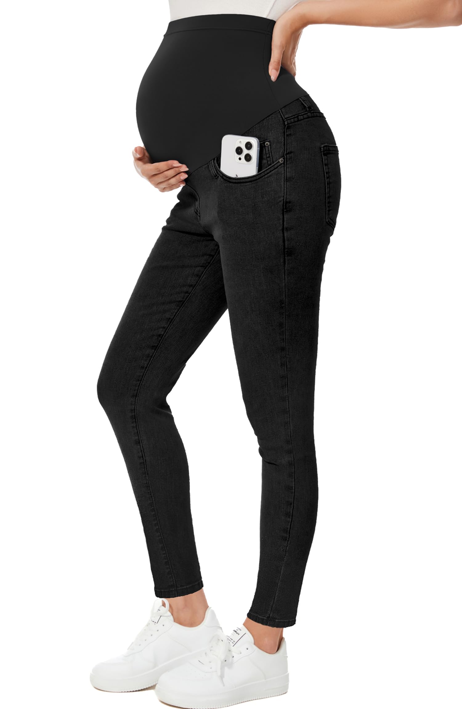 Photo 1 of PACBREEZE Women's Maternity Jeans Over Belly with Belt Loops Skinny Denim Comfy Jeggings Stretch Pregnancy Pants (Black, Large)