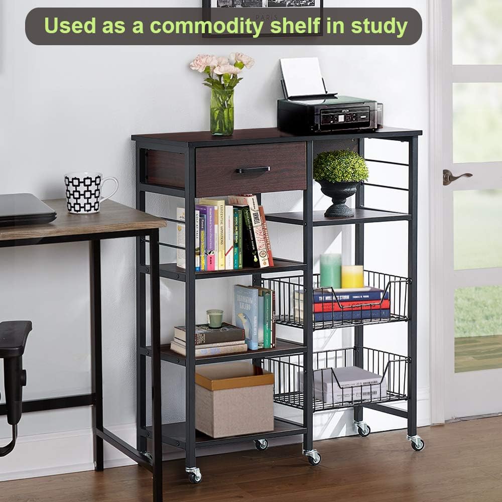VECELO Kitchen Baker's Rack 36.6" Storage Shelf Organizer, Microwave Oven Stand, Utility Cart on Wheels, Black Walnut: Home & Kitchen
