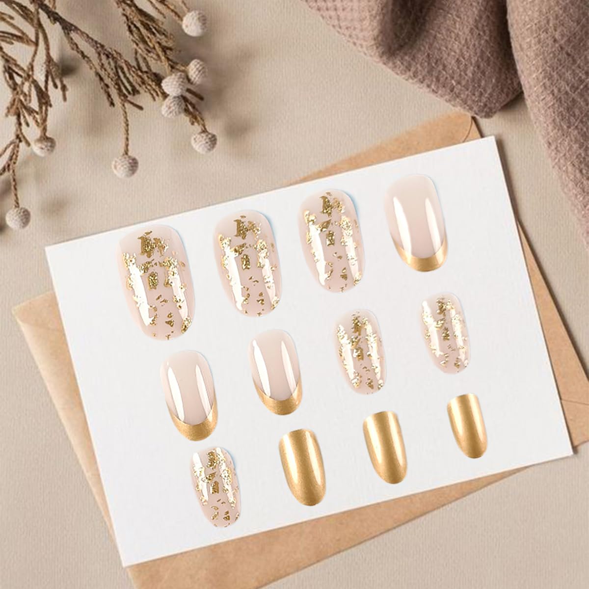Gold French Tip Press on Nails Medium Fake Nails Almond False Nail Tips Gold Glitter Artificial Nails Design Full Cover Glue on Nails Art Accessories for Women Nail Decoration 24pcs - Image 5