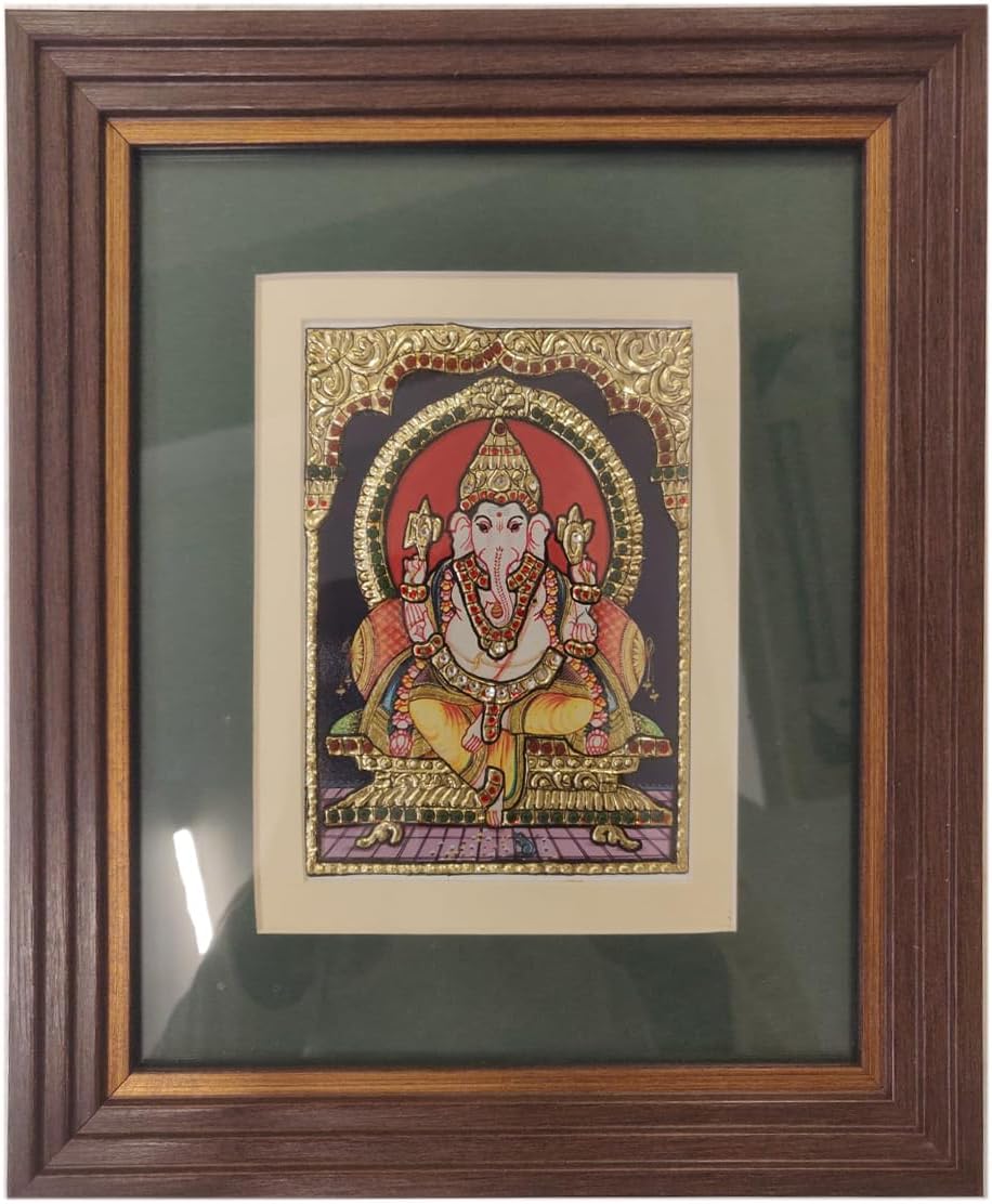 Paintings - Mangala Arts Vinayakar Tanjore Painting, 24 Carat Gold Foil, Authentic Gems, Hindu God Photo for Pooja, Living Room, 8x6 Inches with Frame - Within 7 Days Delivery
